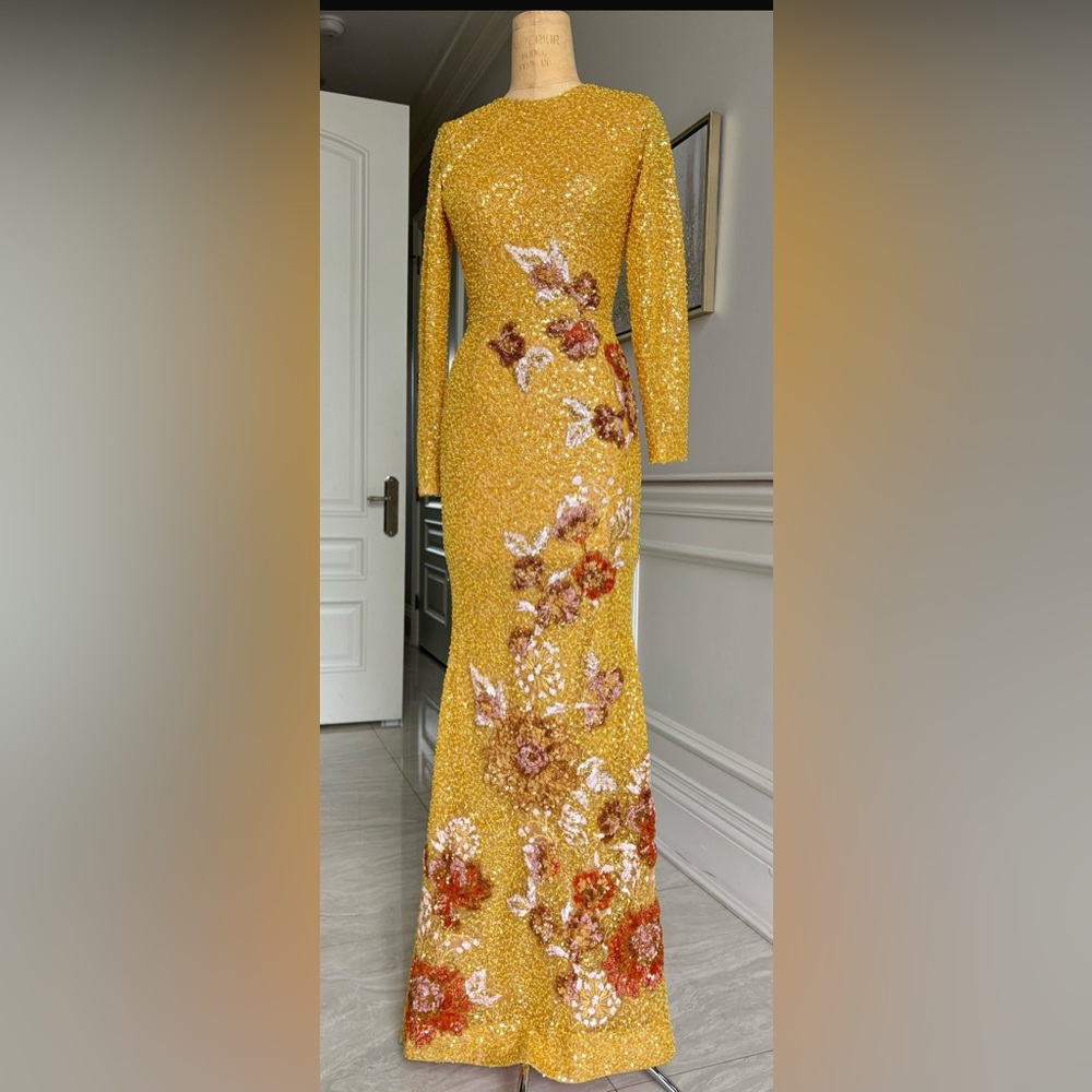 Golden Floral Long Sleeve Dress